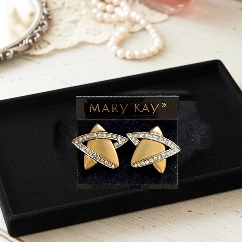 Mary Kay Vintage Brushed Gold Tone Rhinestone Star Clip Earrings NEW